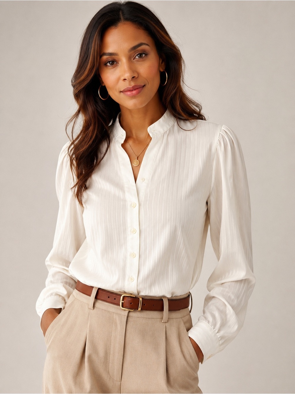 Vintage Levi Strauss Ivory Sheer Striped Mandarin Collar Blouse Size 16